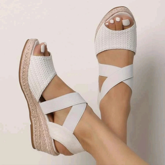 Shoes - Espadrille Ankle Strap Wedge Sandals, White Vacation Style Plain Wedge Sandals
